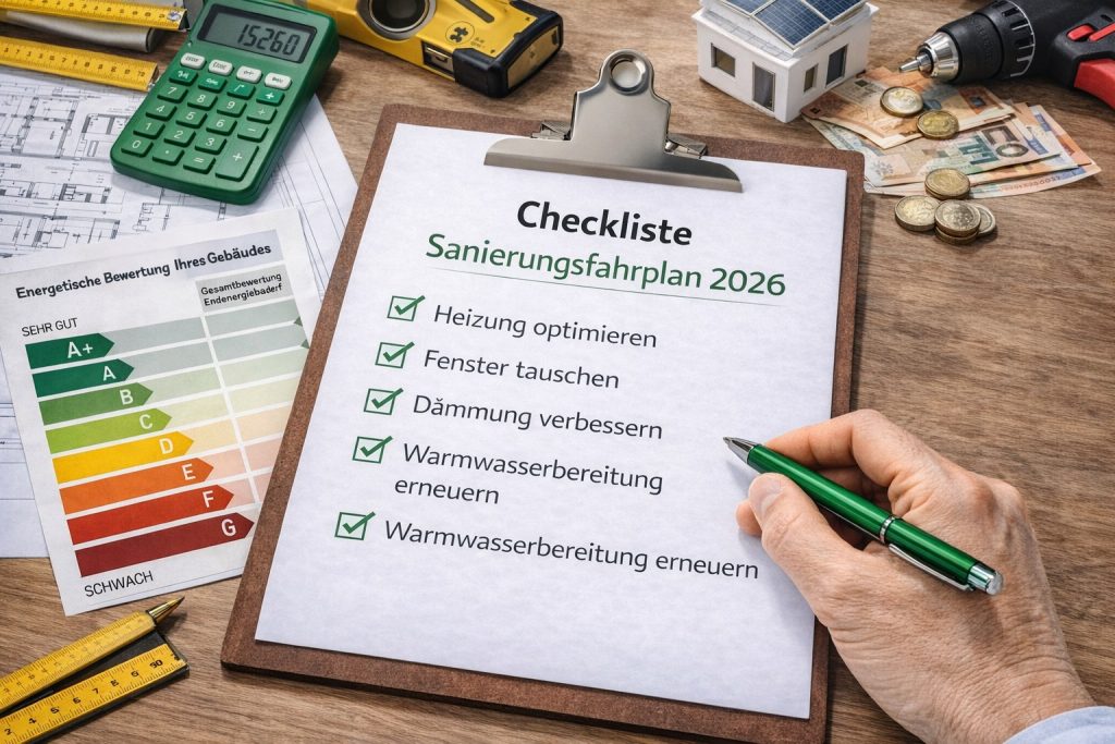 Checkliste für den Sanierungsfahrplan 2026 mit Aufgaben zur Heizungsoptimierung, Dämmung und Warmwasserbereitung.