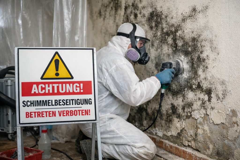Arbeiter in Schutzkleidung entfernt Schimmel an einer Wand, während ein Warnschild auf die Schimmelbeseitigung hinweist und das Betreten des Bereichs verbietet.