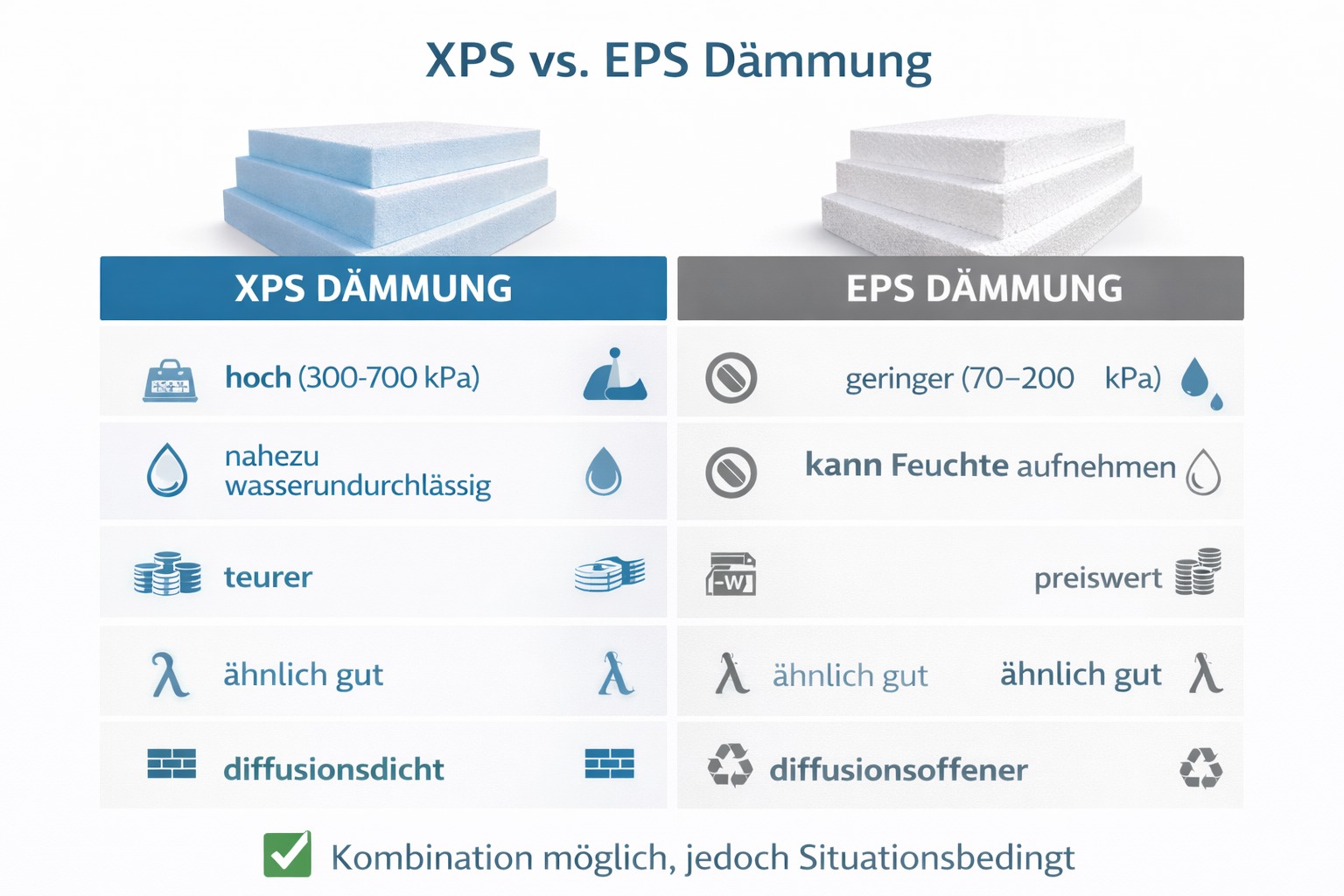 Checkliste zum Vergleich von XPS und EPS Dämmung mit den Eigenschaften Dämmwert, Feuchtigkeitsresistenz, und Druckfestigkeit.