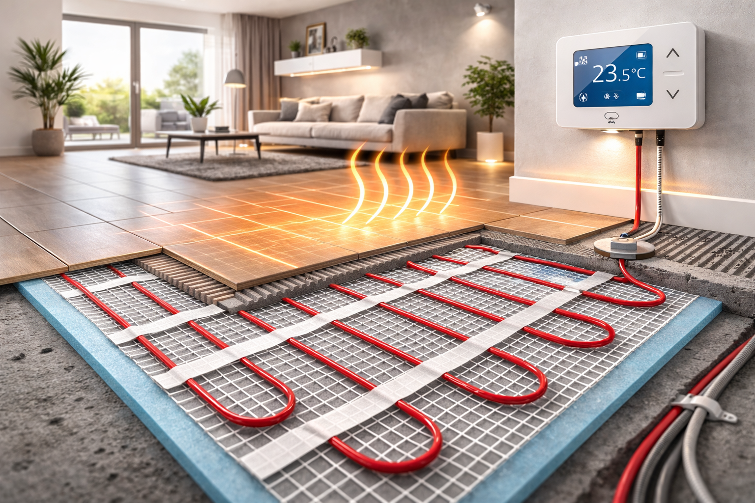 Installation einer elektrischen Fußbodenheizung bei einer Sanierung.