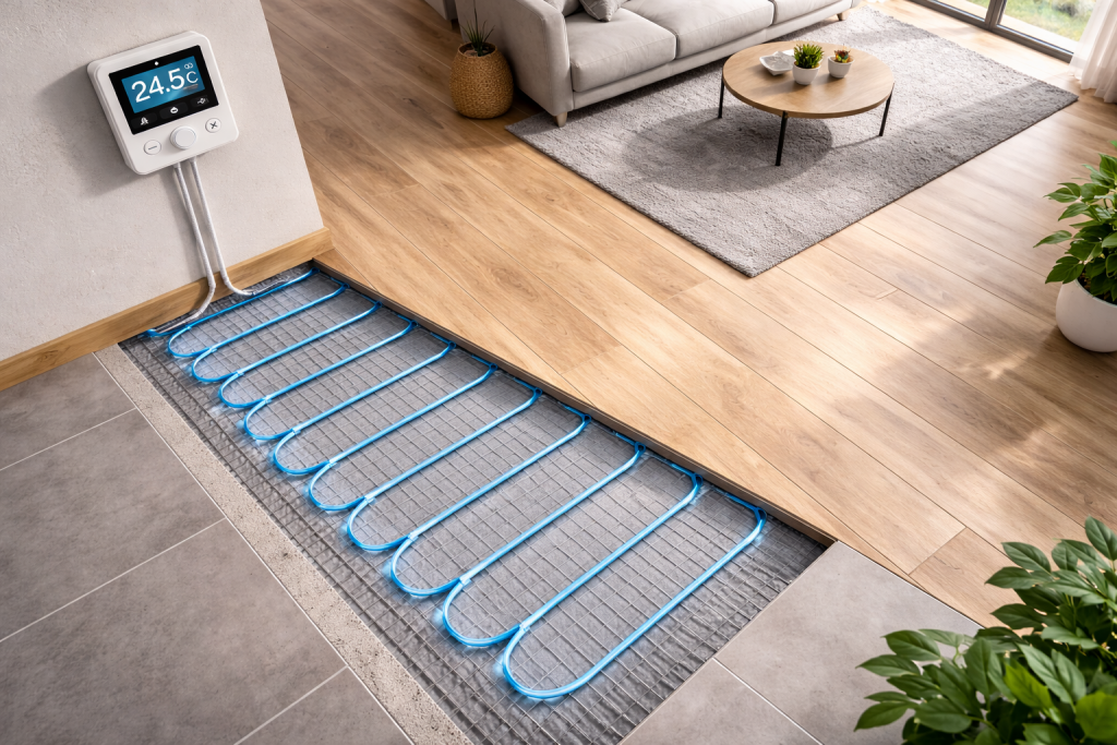 Fachgerechtes Verlegen einer elektrischen Fußbodenheizung auf Estrich.